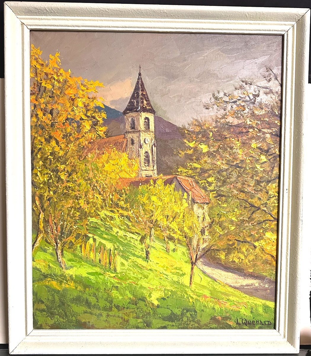 Lucien Quenard 1902-1995 Oil Church In Dauphiné Near Grenoble Mountain Alps -photo-2