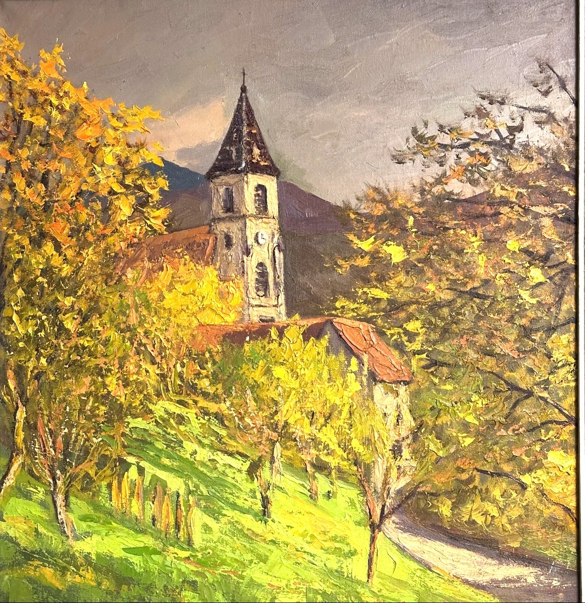 Lucien QUENARD 1902-1995 Huile Eglise en Dauphiné proche de Grenoble montagne Alpes 