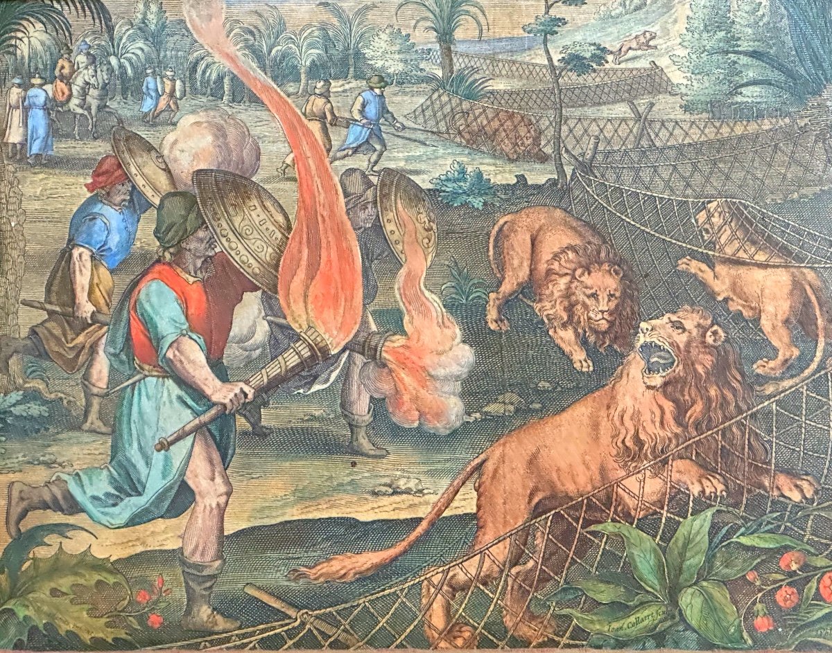 Collaert 1566-1628 After Philippe Galle 1537-1612 Old Engraving Lion Hunt Netherlands