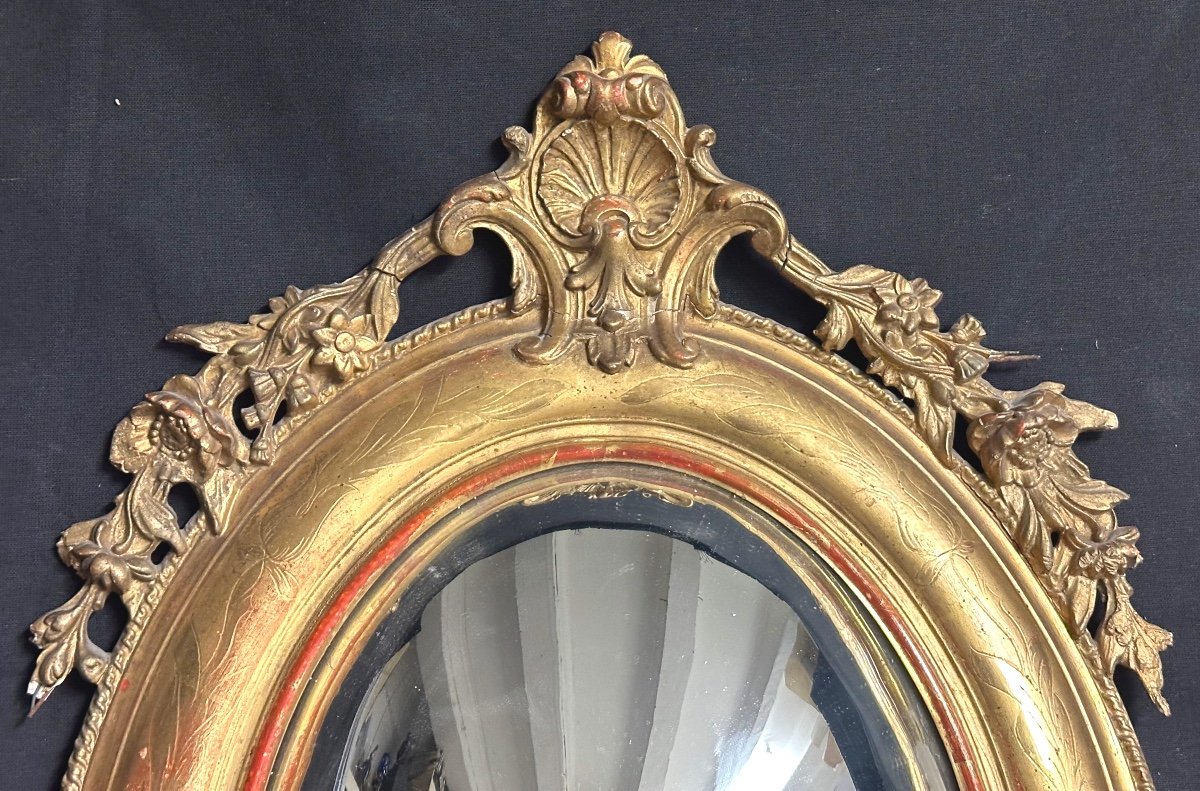 Miroir sorcière XIXe 51cm déformant bois doré Cabinet de curiosité -photo-3