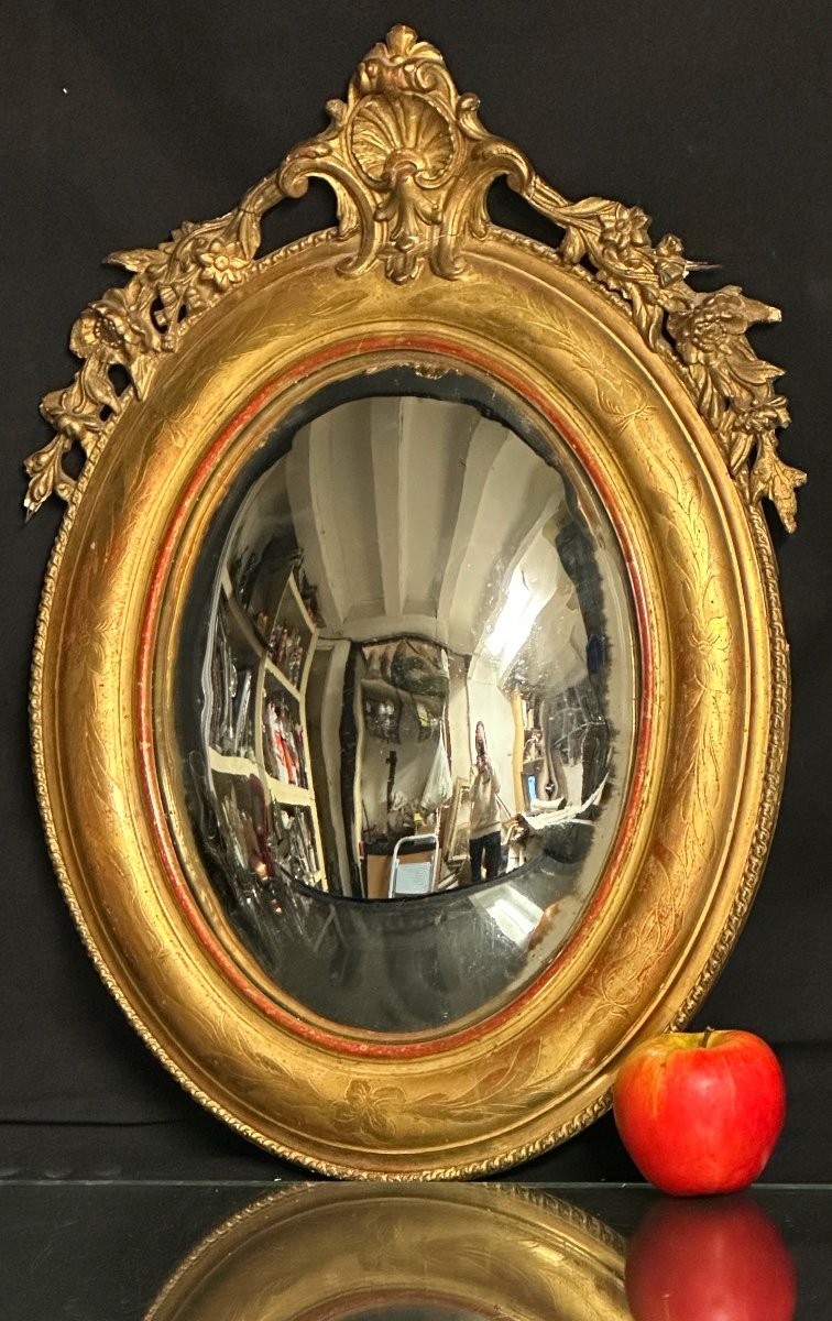 Miroir sorcière XIXe 51cm déformant bois doré Cabinet de curiosité 