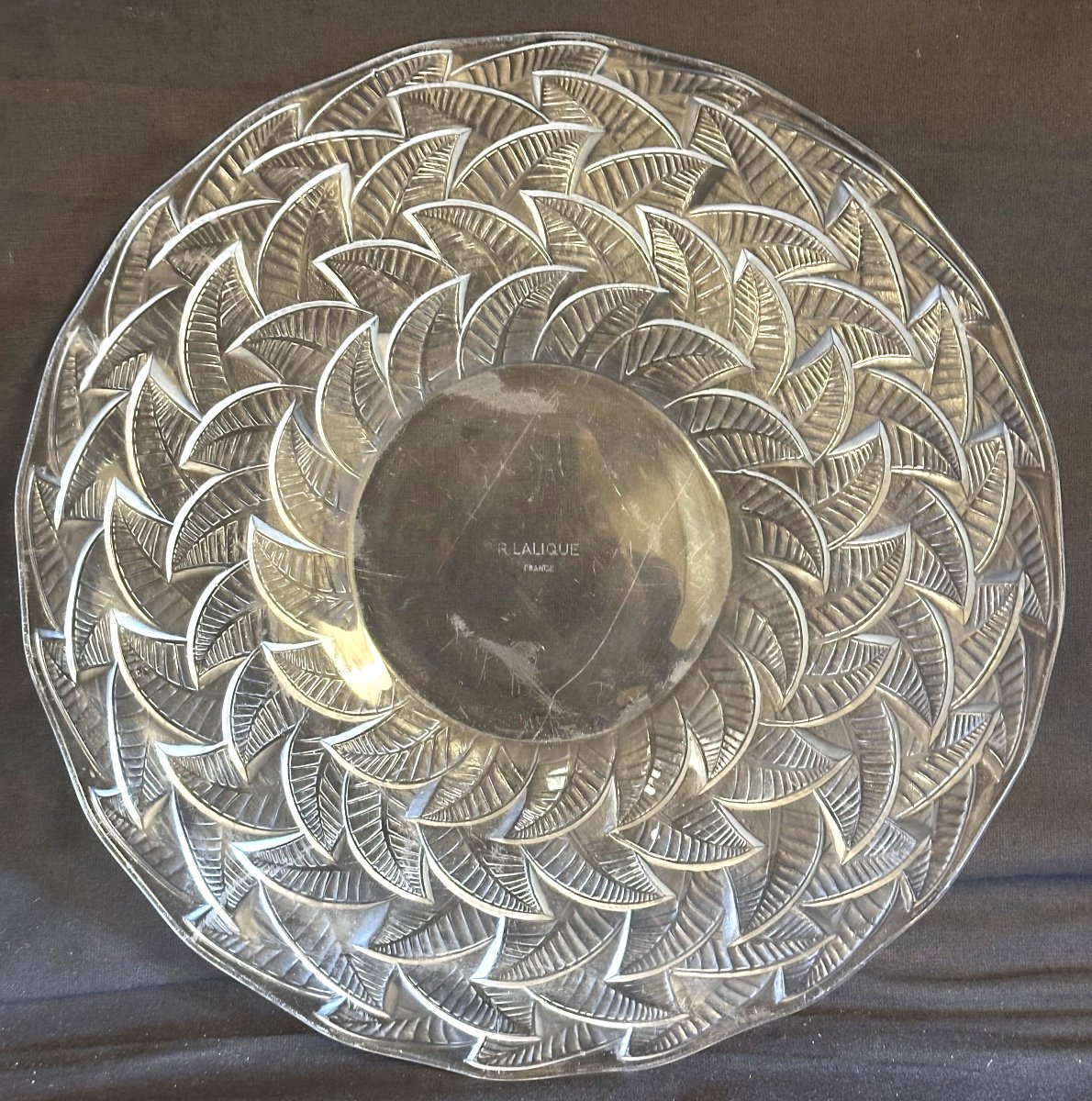 Rene LALIQUE Grand plat assiette ORMEAUX No1 Signé 1931 Art Deco 35cm Referencé Marcilhac -photo-2