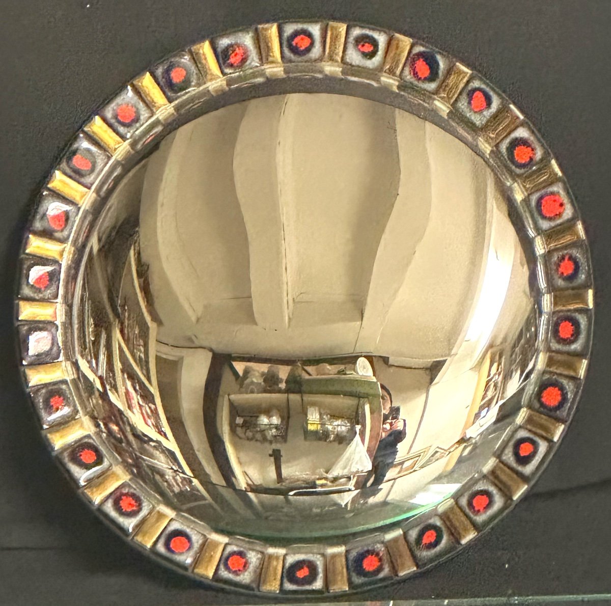 Miroir Dit De Sorcière 28 Cm Vers 1970 Bombé Et Déformant Céramique Polychrome 