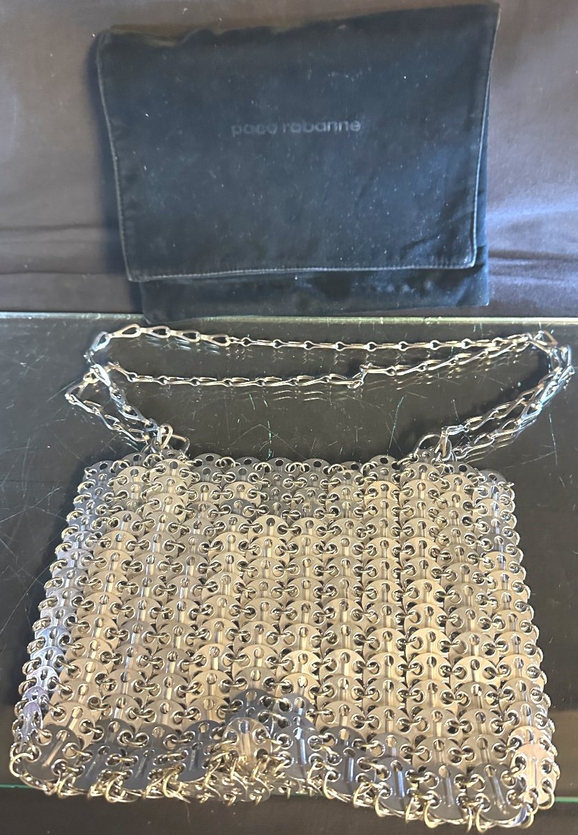 Paco Rabanne Rare Metallic Bag 1969 Model Nano Silver Signed With Its Original Pouch -photo-2