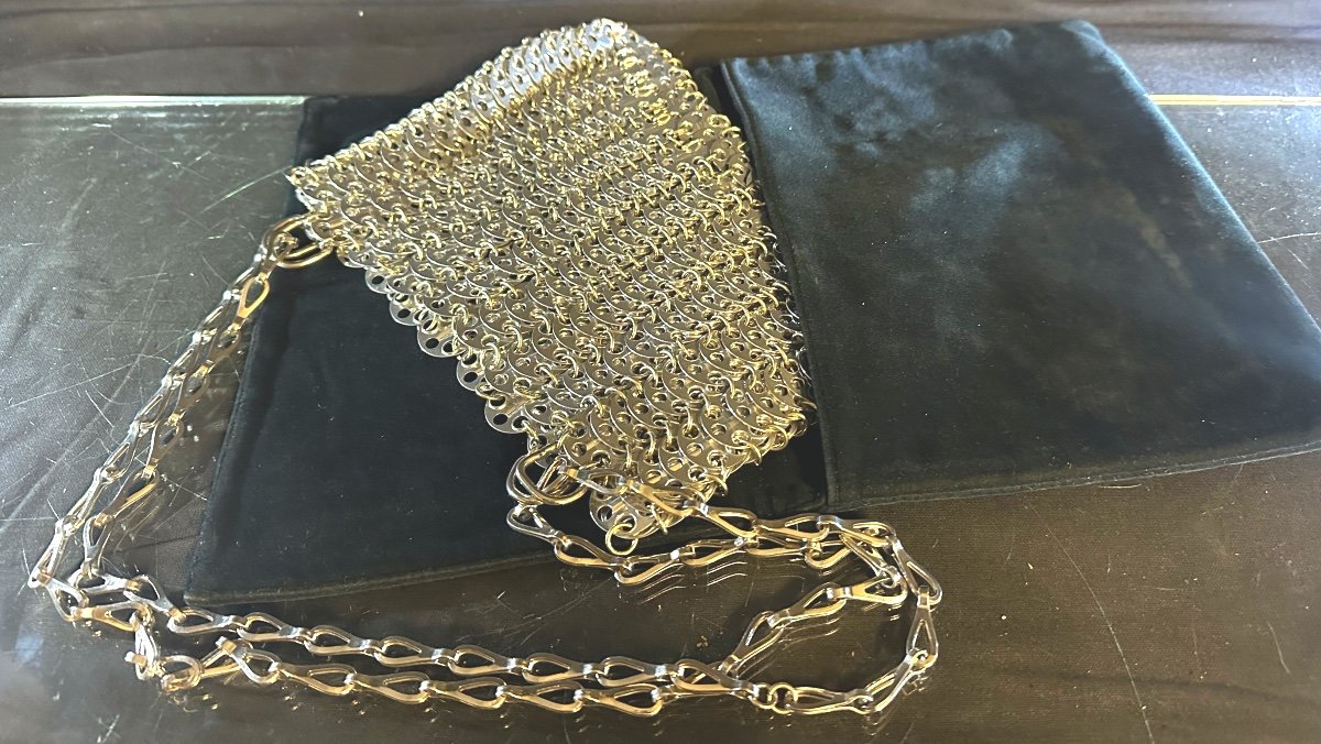 PACO RABANNE RARE Sac métallique 1969 Modèle Nano argenté signé avec sa pochette d’origine -photo-4