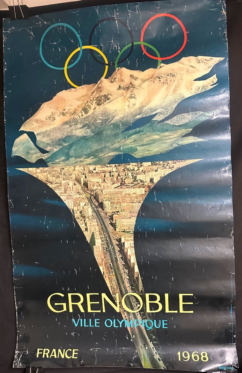 Original Poster Grenoble 1968 Winter Olympics Flame Ski Alps Sport-photo-2