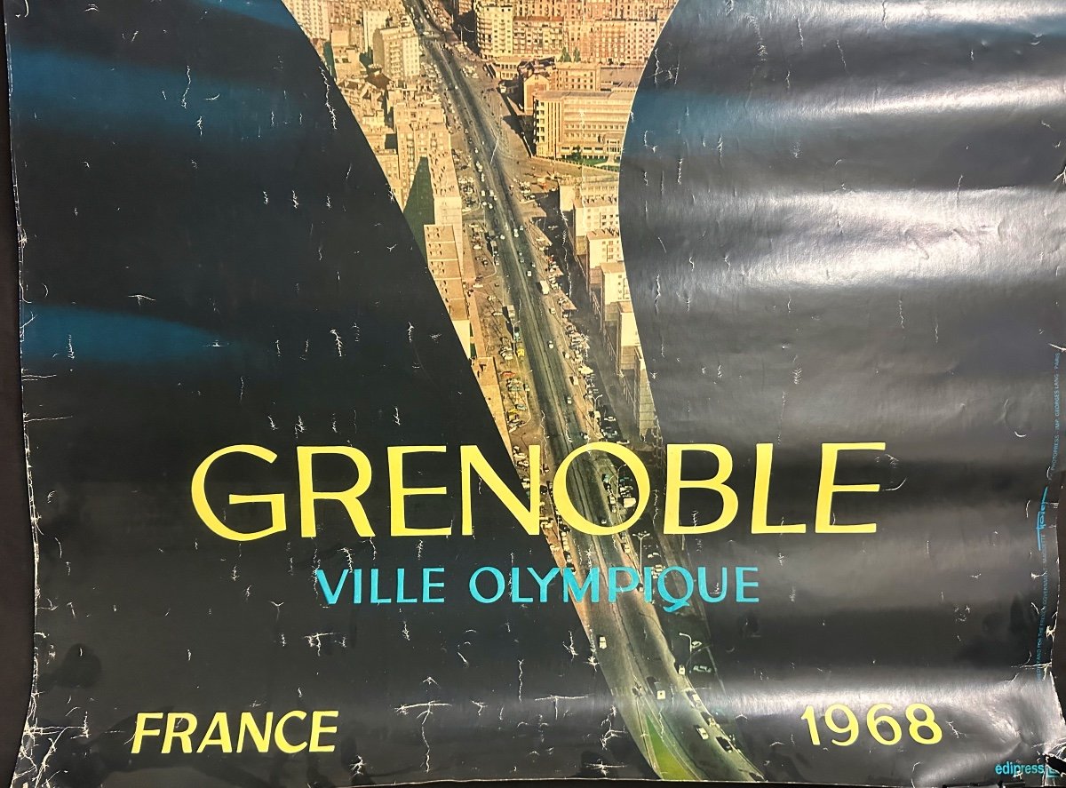 Original Poster Grenoble 1968 Winter Olympics Flame Ski Alps Sport-photo-2