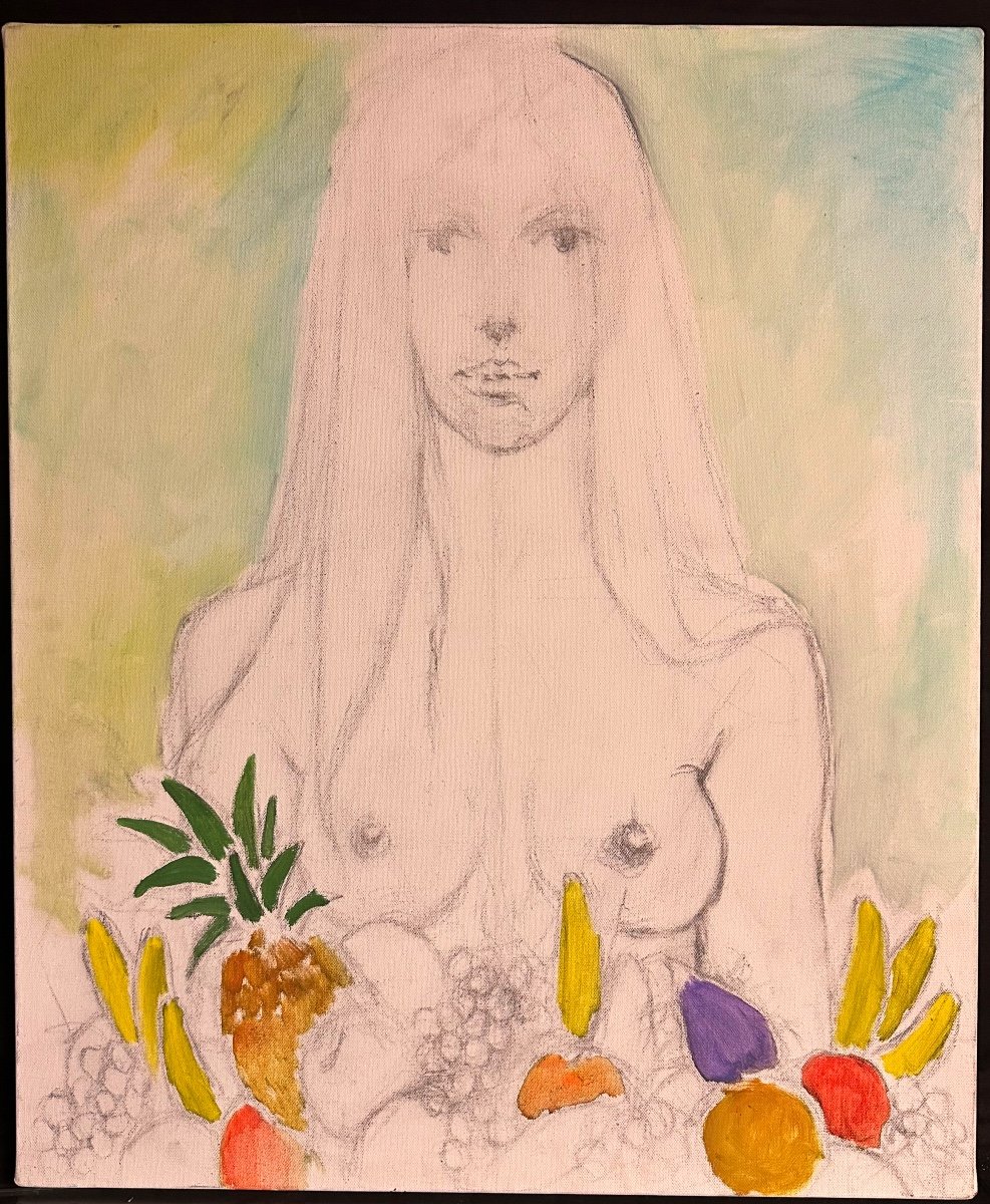 Sergio Brizio 1938-1997 Oil Young Woman With Fruit And Bare Breasts Study -photo-2