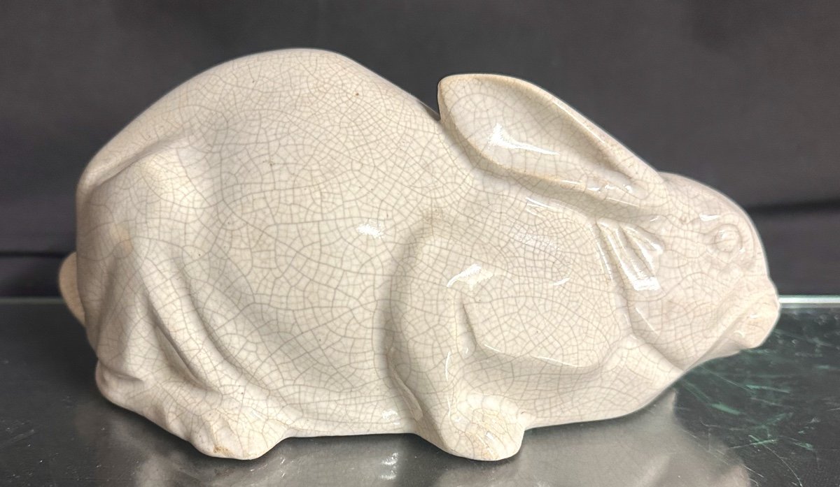 Odyv France Rare Art Deco Rabbit In Glazed Ceramic 1930 Cracked Earthenware -photo-2