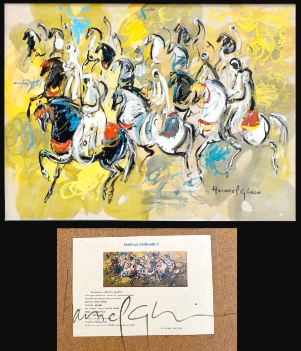 HASSAN EL GLAOUI 1923-2018 Maroc Fantasia Allégeance Grande gouache Artiste Marocain Certificat