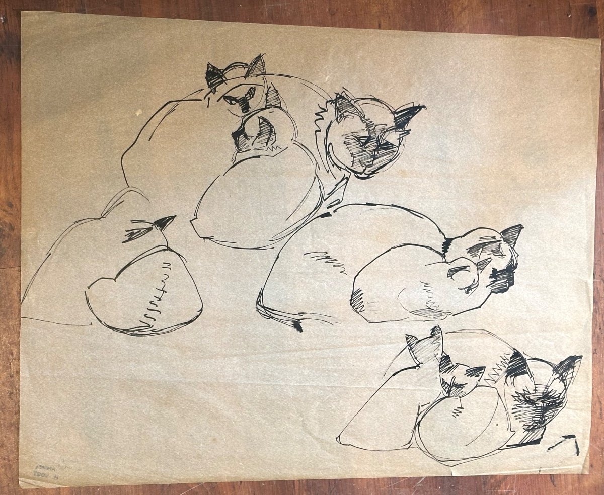 Hélène Vogt 1902-1994 Large Charcoal Painting Cats And Kittens Signed Art Deco Cat Pussy /3-photo-2