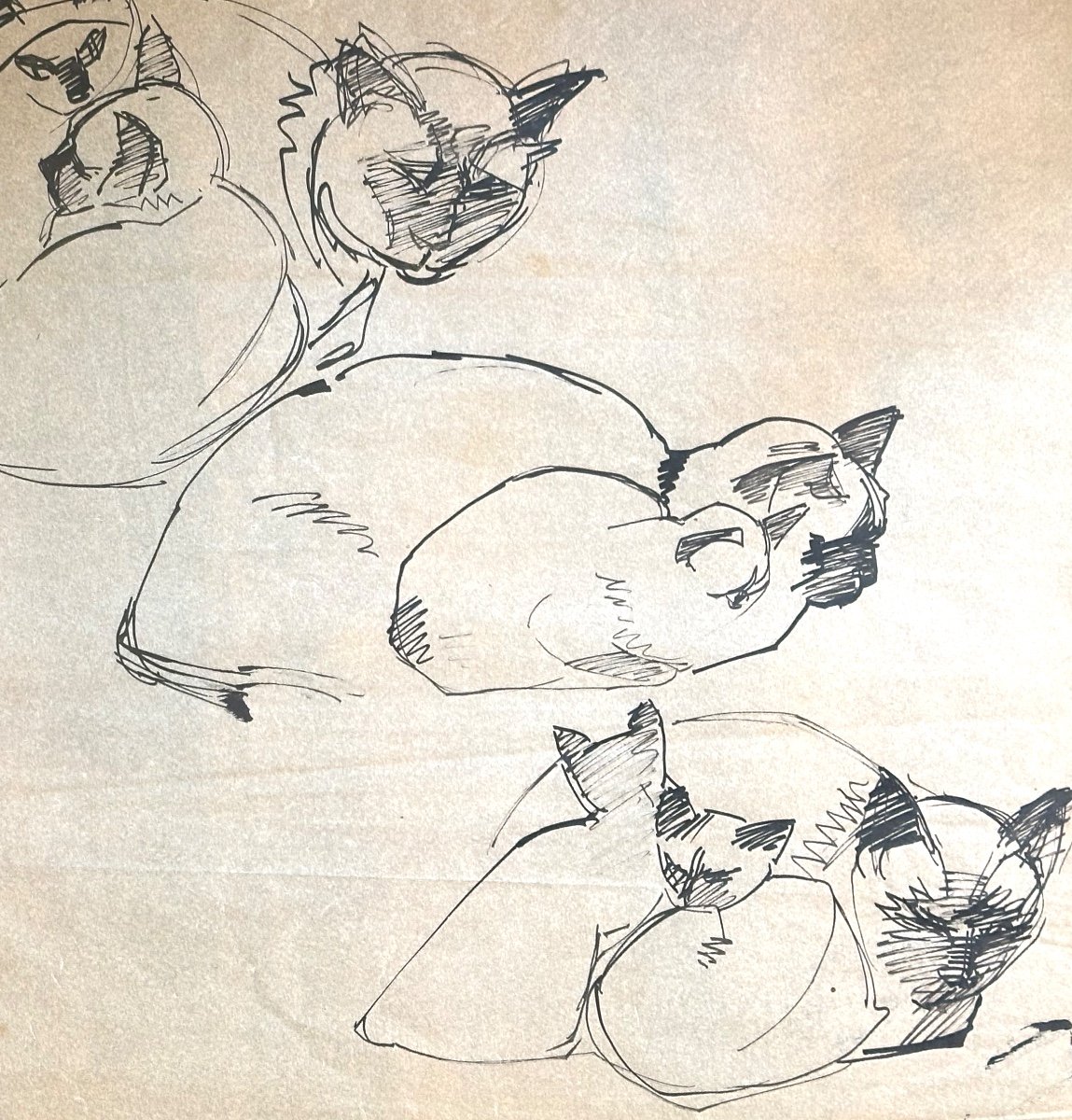 Hélène Vogt 1902-1994 Large Charcoal Painting Cats And Kittens Signed Art Deco Cat Pussy /3-photo-1