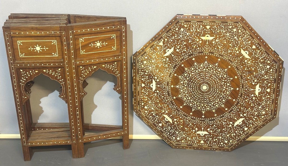 Guéridon XIXe en marqueterie os et bois Décor oriental Inde Hoshiarpur 63x61cm-photo-4