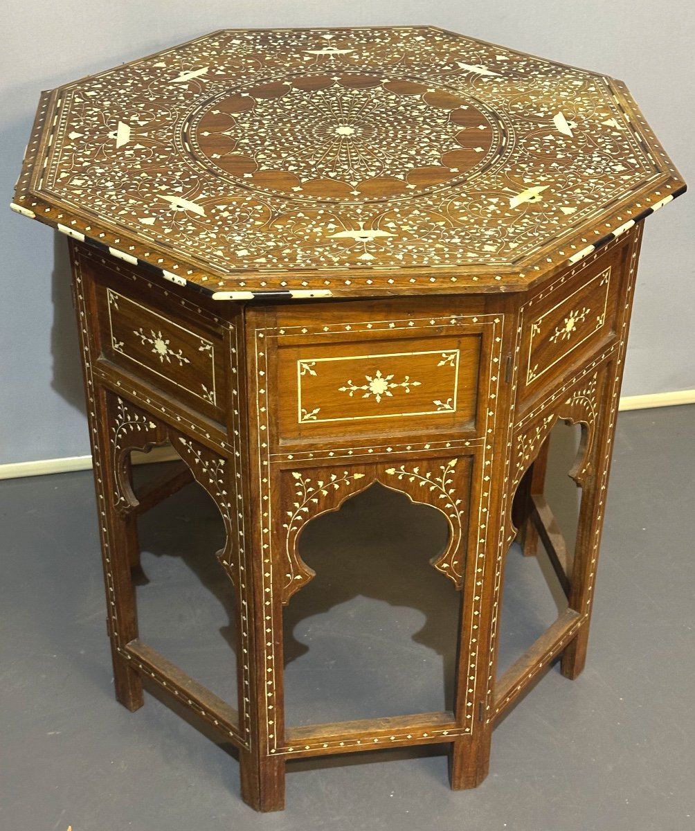 Guéridon XIXe en marqueterie os et bois Décor oriental Inde Hoshiarpur 63x61cm-photo-4