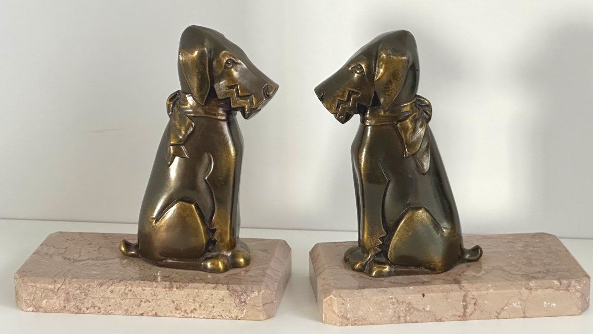 Pair Of Fox Terrier Art Deco Bookends Marble Base Ric Et Rac Dog 1930 Very Good Condition -photo-2