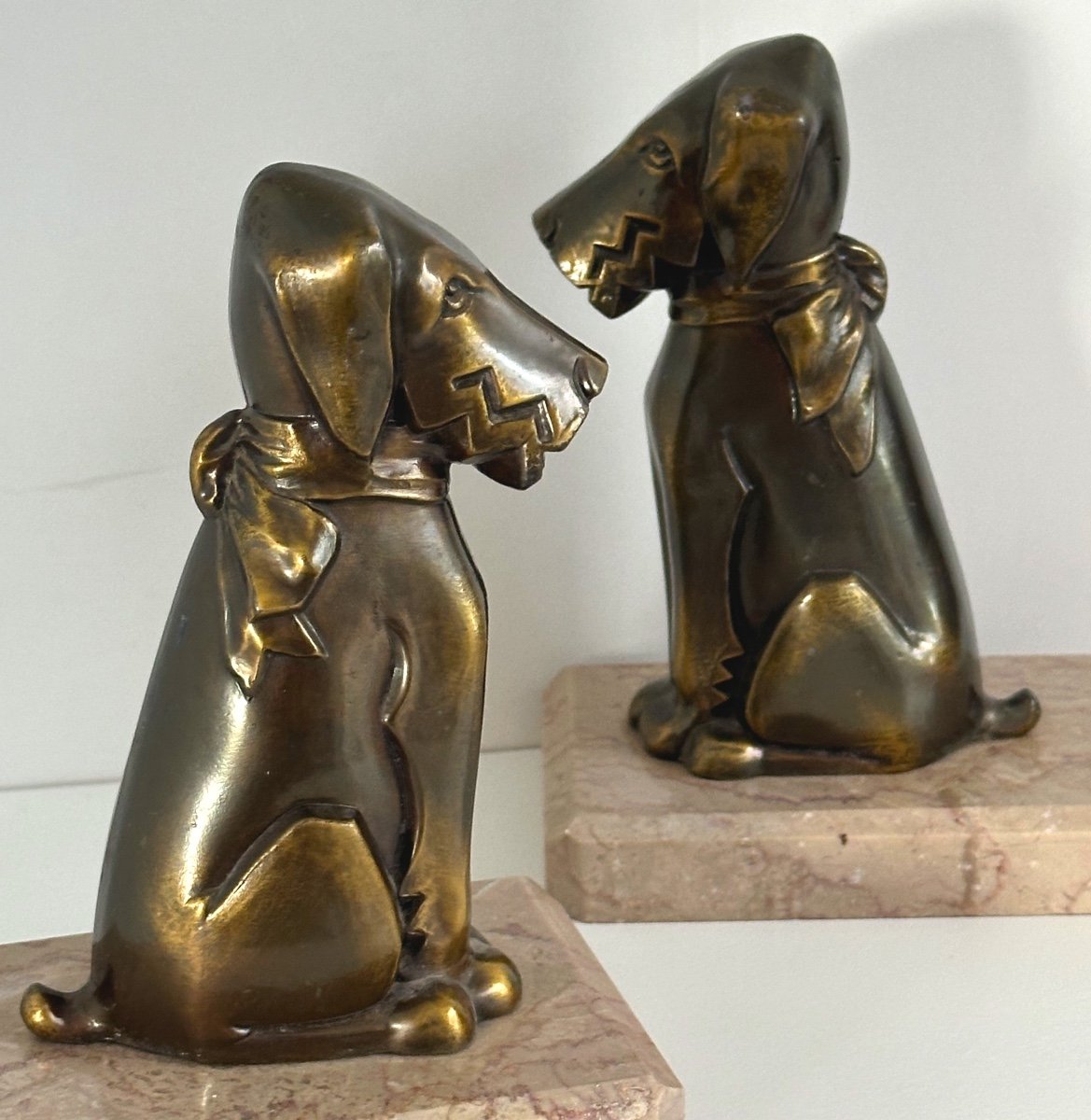 Pair Of Fox Terrier Art Deco Bookends Marble Base Ric Et Rac Dog 1930 Very Good Condition -photo-4