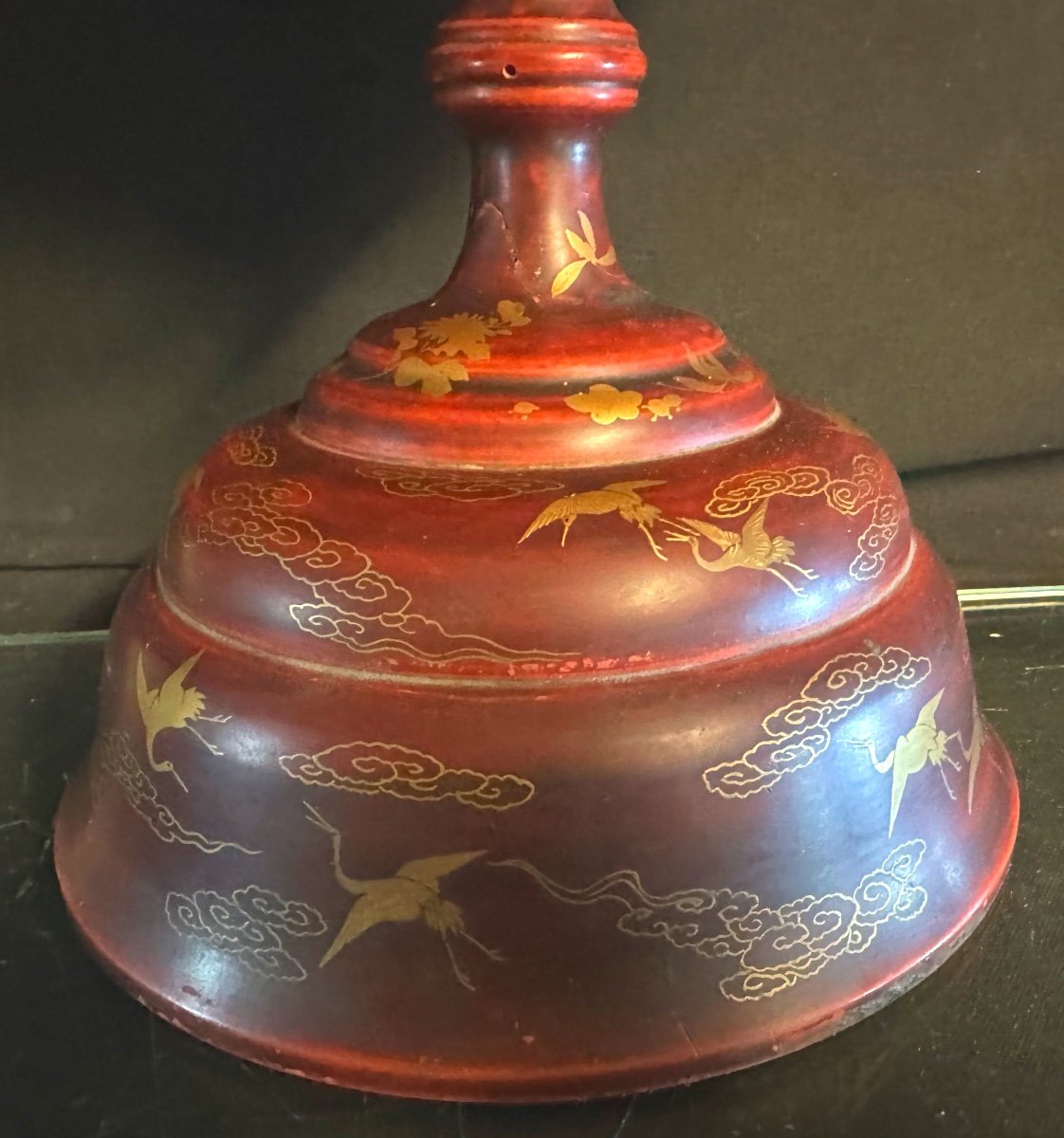 Burma Antique Large Burmese Temple Offering Box Red And Gold Lacquered Wood Crane Stupa-photo-2