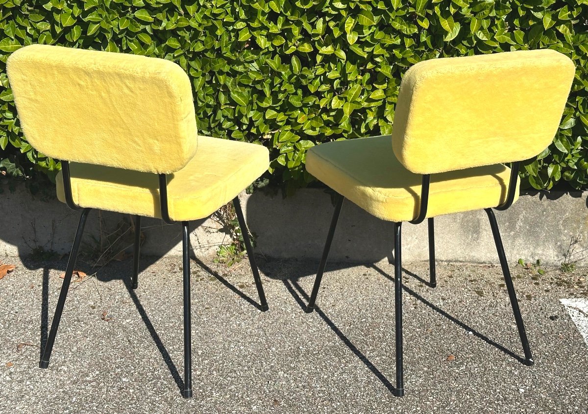 Paul Geoffroy Pair Of 1957 Airborne C57 Seats In Very Good Condition Straw Yellow Wool Fabric -photo-3