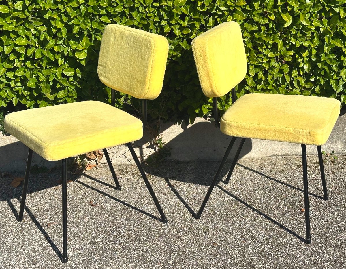 Paul Geoffroy Pair Of 1957 Airborne C57 Seats In Very Good Condition Straw Yellow Wool Fabric -photo-4