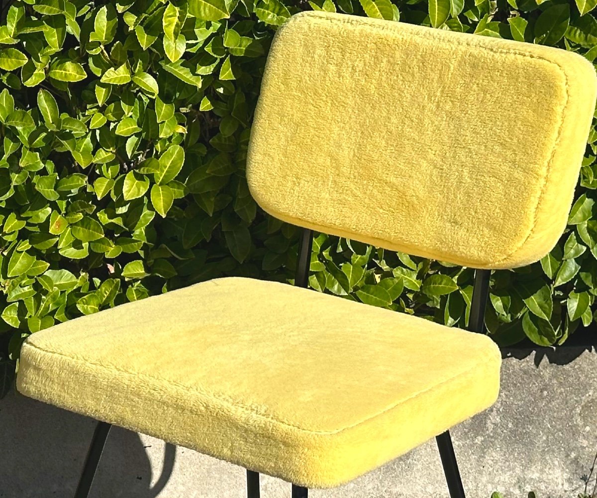 Paul Geoffroy Pair Of 1957 Airborne C57 Seats In Very Good Condition Straw Yellow Wool Fabric -photo-1