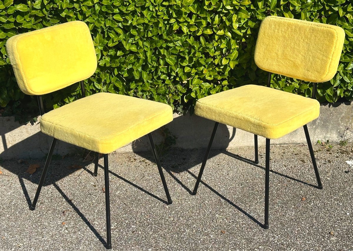 Paul Geoffroy Pair Of 1957 Airborne C57 Seats In Very Good Condition Straw Yellow Wool Fabric 