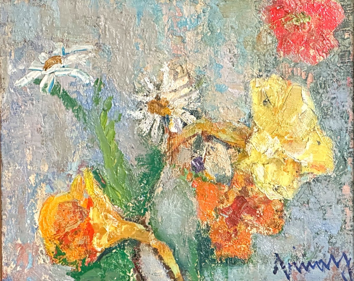 Jean Vinay 1907-1978 Huile Fleurs Printemps Cadre Delf Grenoble Musée St Antoine l’Abbaye