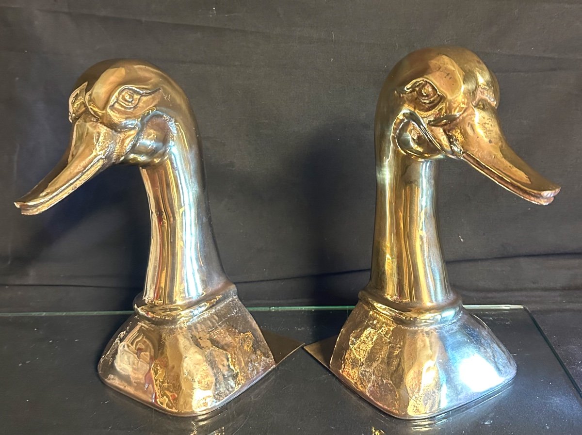 Valenti Spain Important Pair Of 1950s Signed Polished Brass Duck Bookends Almazan -photo-3