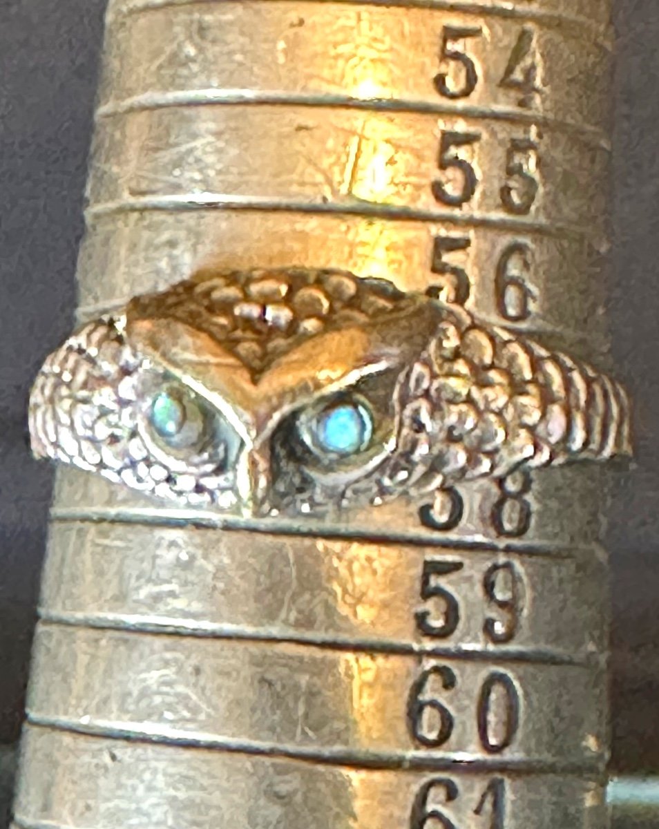 Ancienne bague Chouette Yeux incrustés d’émeraudes Taille 57 Hibou-photo-2