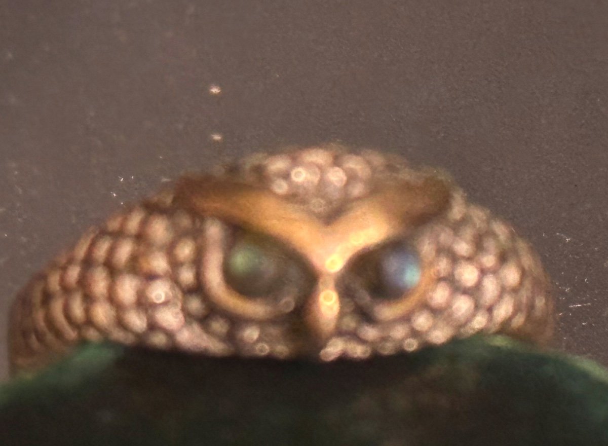 Ancienne bague Chouette Yeux incrustés d’émeraudes Taille 57 Hibou-photo-3