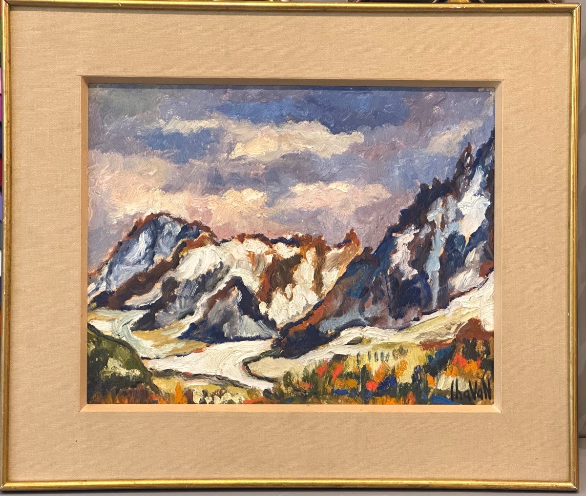 Gilbert Chavan 1929-1975 Oil Snowy Mountains And Glacier Swiss Alps-photo-2