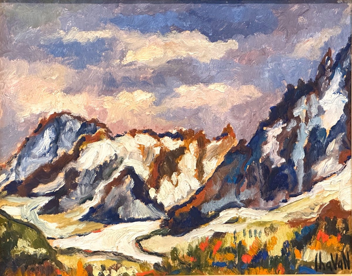 Gilbert Chavan 1929-1975 Oil Snowy Mountains And Glacier Swiss Alps