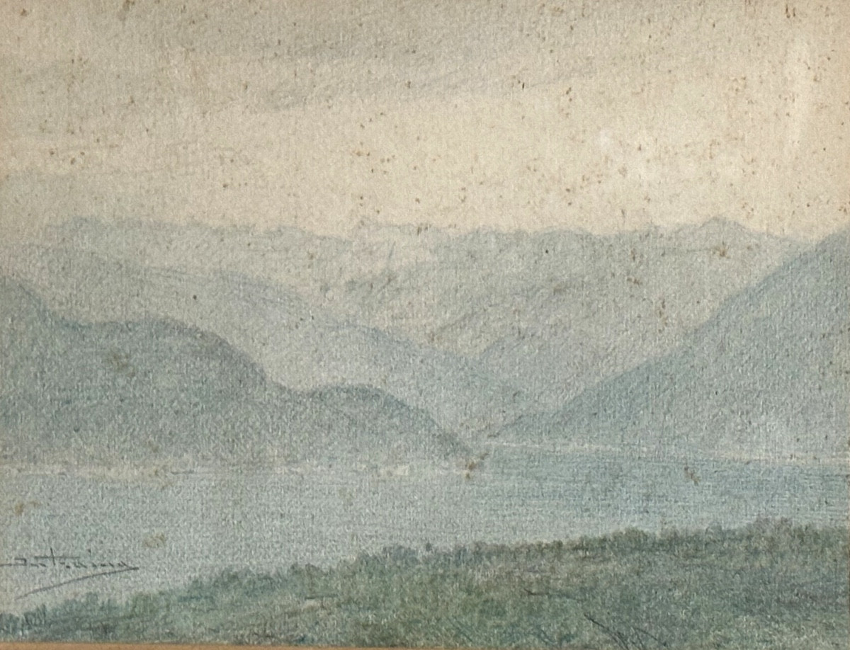 Enrico Edoardo INTRAINA 1870-1945 Italie Aquarelle Lac de Lugano signée /2