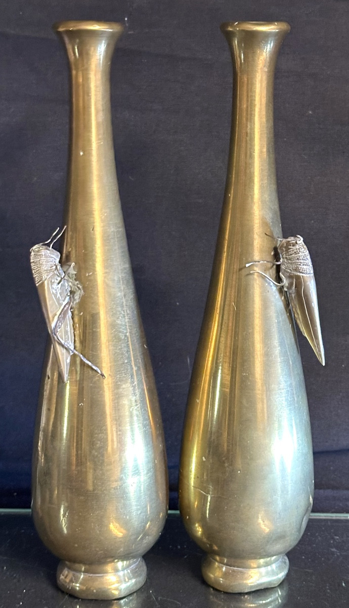 Japan Late 19th Century Pair Of Bronze Soliflore Vases With Cicadas And Crickets 28cm-photo-3