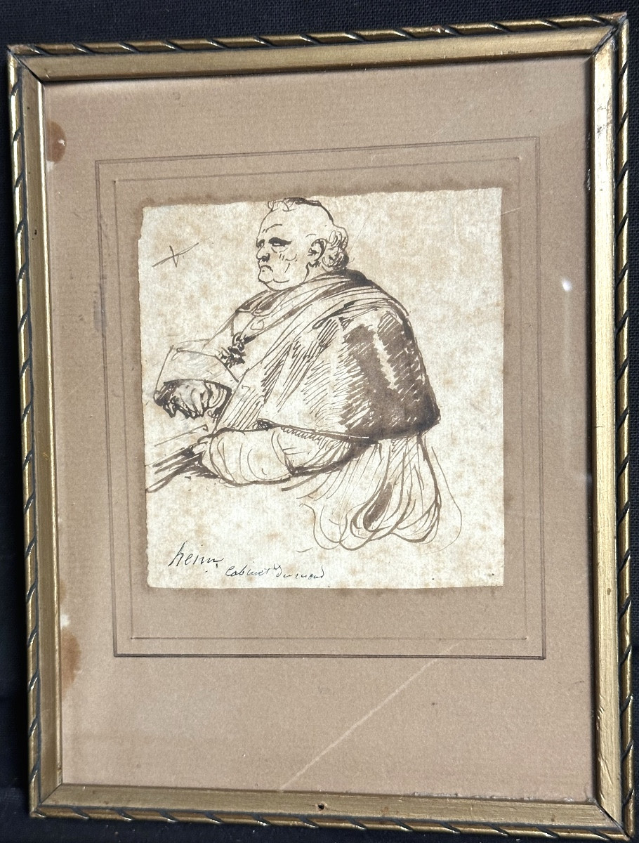 Antique Brown Ink Drawing 18th Or 17th Century Signed Hem Or Heim Cabinet? Churchman Prelate-photo-2