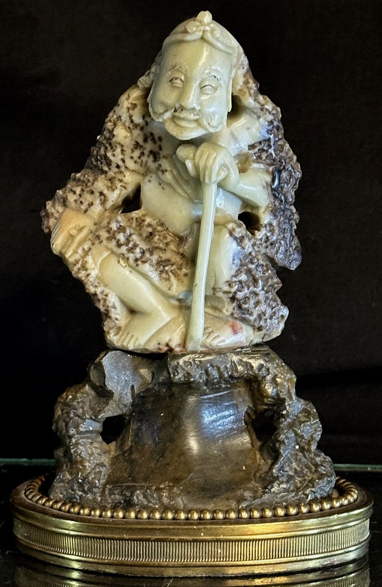 China Ancient Immortal On A Rock Steatite Base Bronze Pearl 20th Century