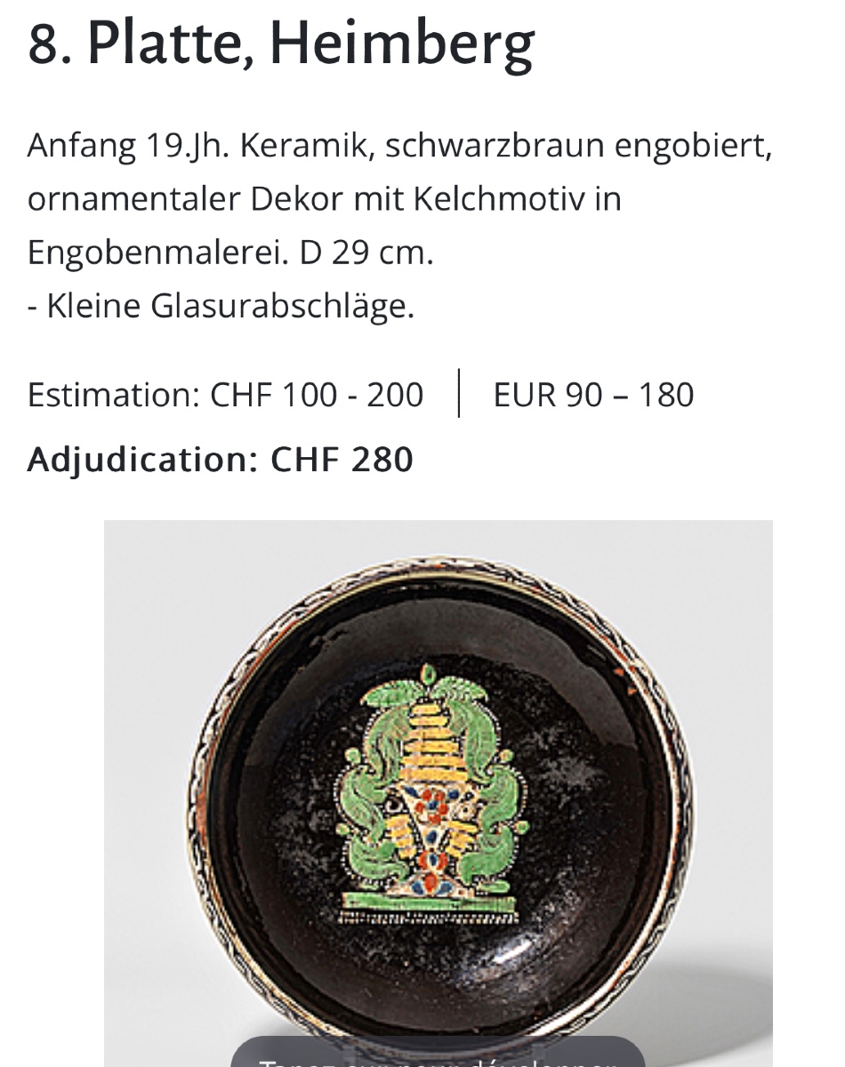 Heimberg Switzerland Large Platter 1829 Lions Facing Each Other In Coat Of Arms 29cm Glazed Ceramic -photo-2