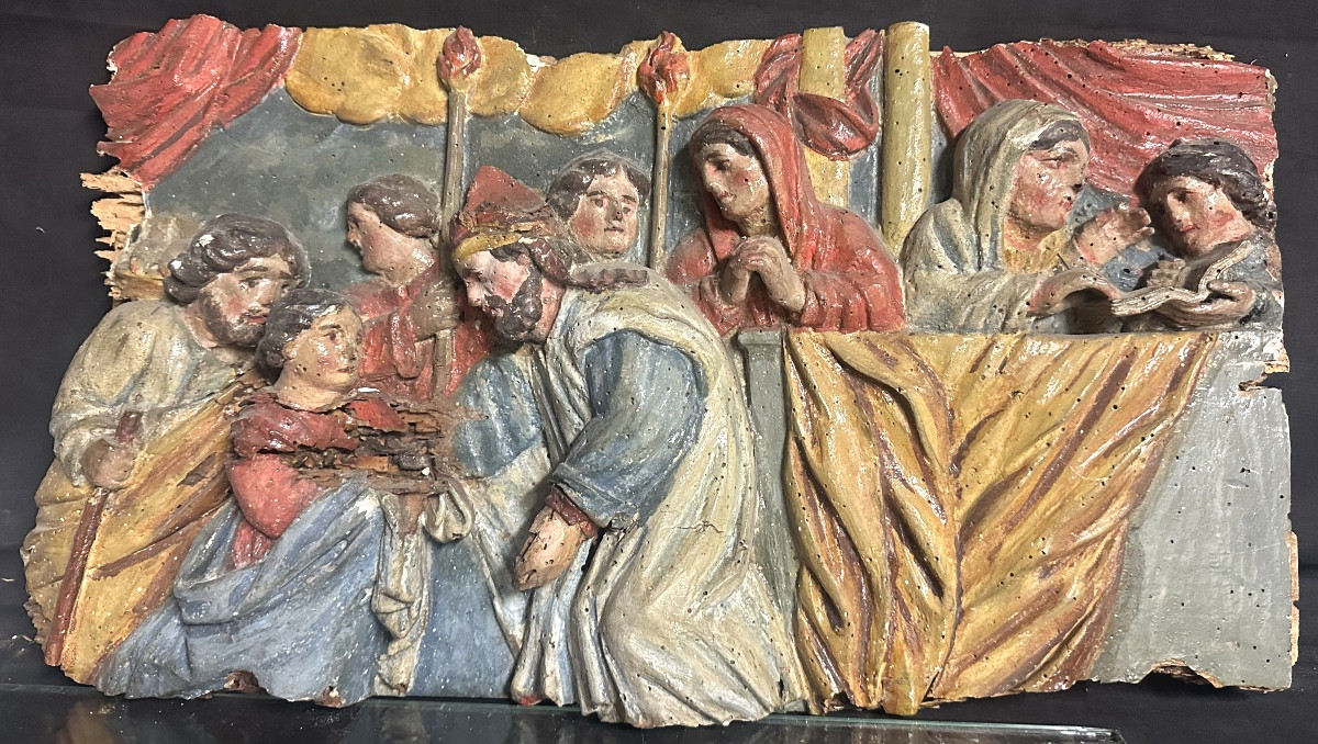 Panneau bois polychrome XVIIe ou XVIIIe en haut relief 