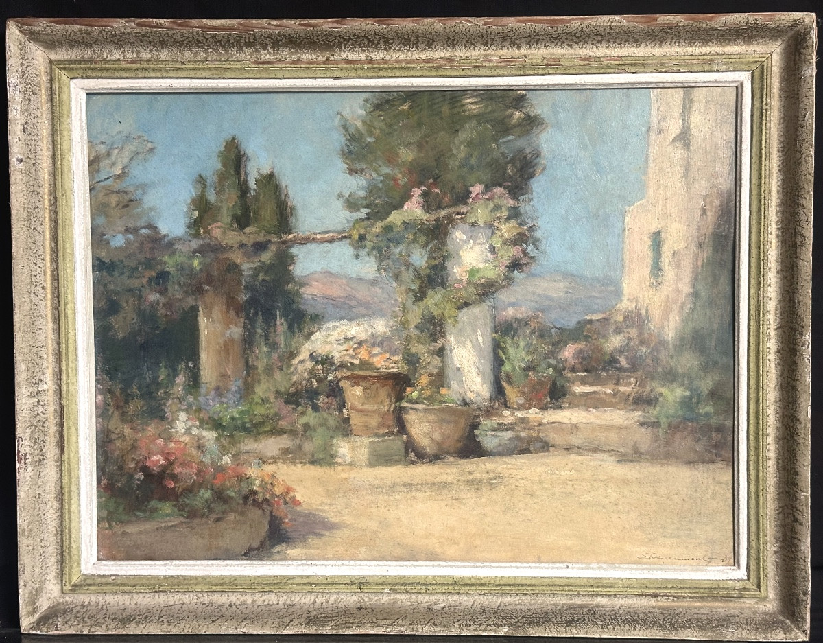 Huile signée Reyammond (?) 1934 Paysage provençal à la tonnelle-photo-2