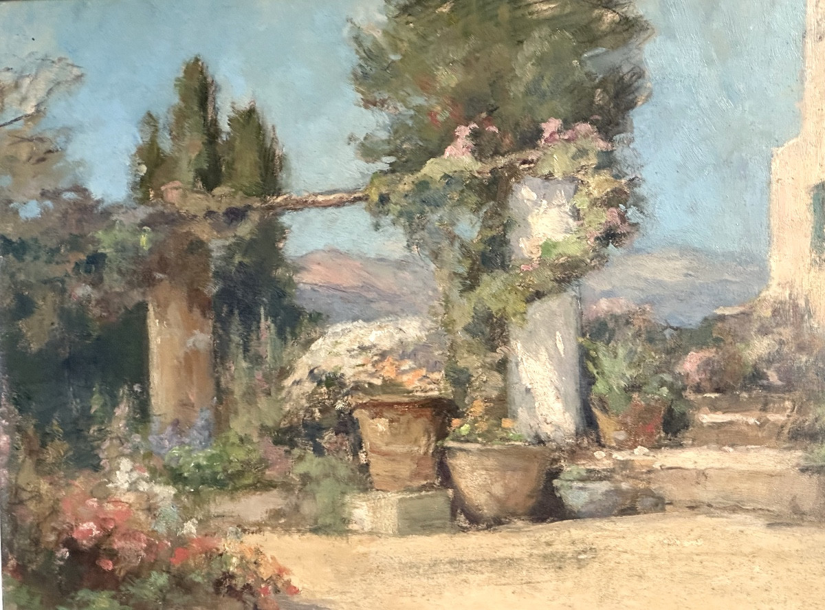 Huile signée Reyammond (?) 1934 Paysage provençal à la tonnelle