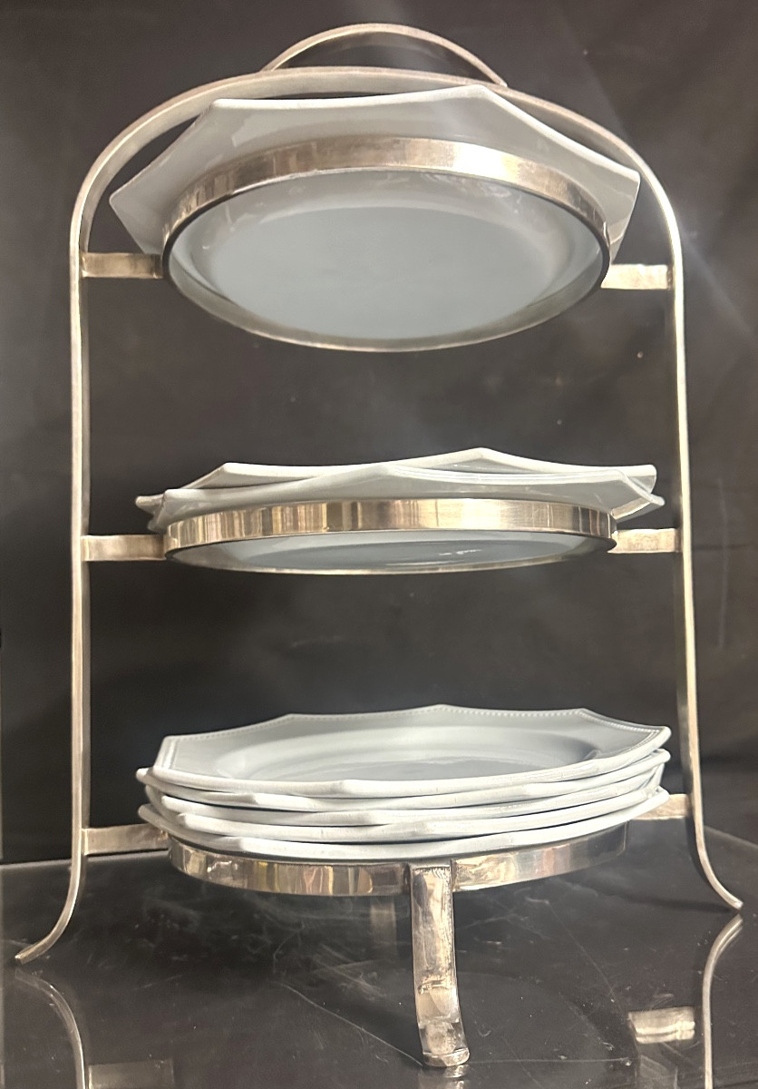 Art Deco Silver Metal Plate Rack With Handle Tableware-photo-3