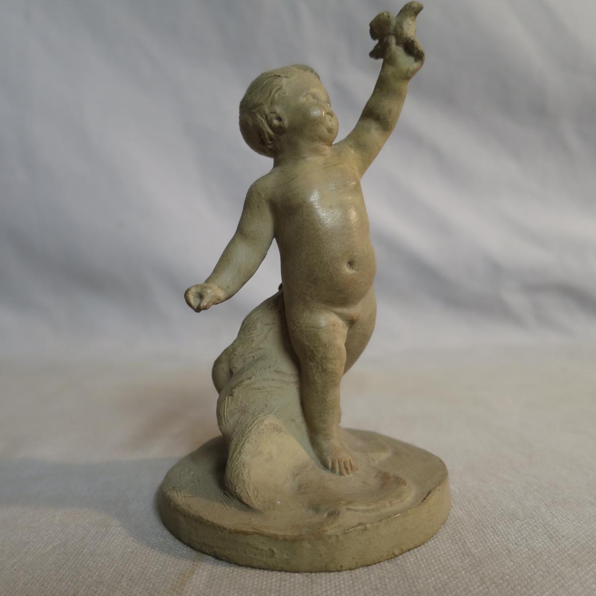 Simon Louis BOIZOT rare sculpture en terre cuite XVIIIe Enfant à l'oiseau putto-photo-4