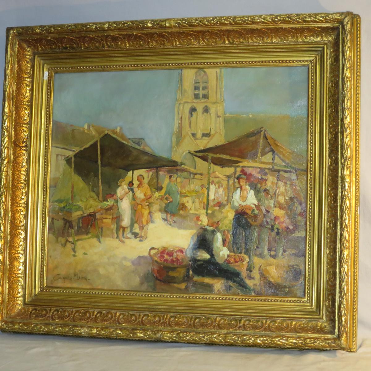 Jacques Madyol (1871-1950) The Market In Provence (toulon Nice?) Large Oil On Canvas