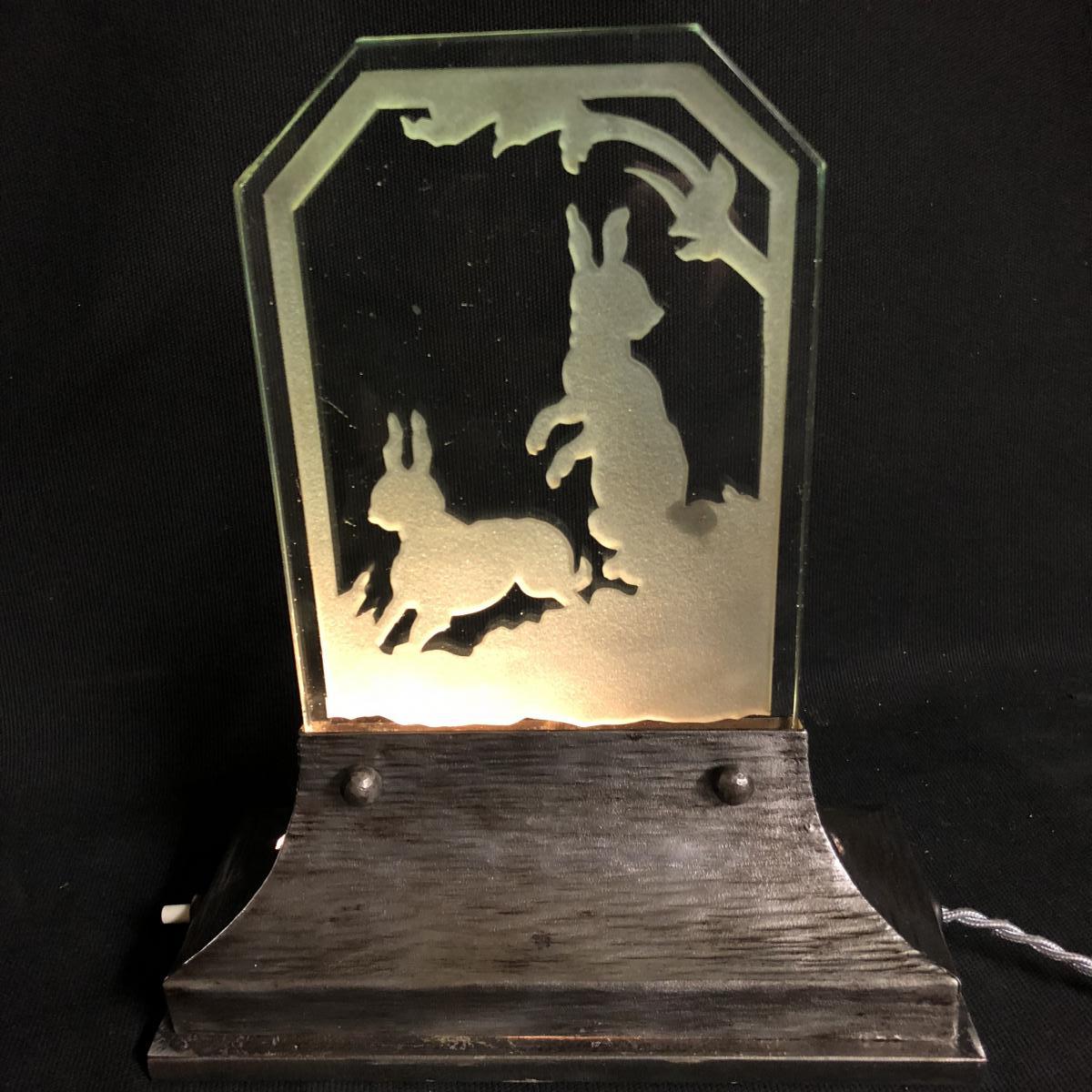 RARE LAMPE LAPINS Art Deco en fer forgé et verre acide veilleuse lapin-photo-2