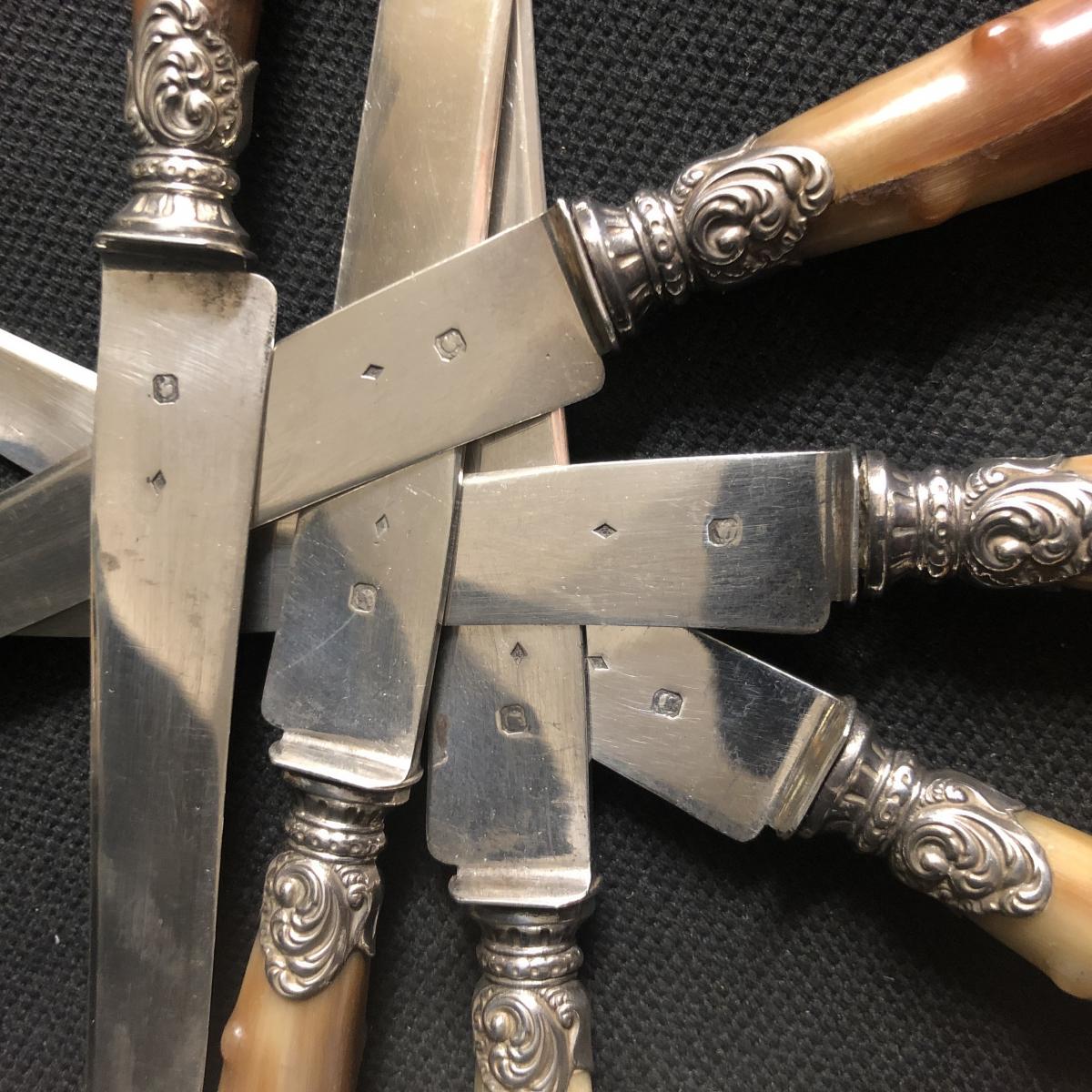 6 Knives With Silver Blades And Horn Handles In Very Good Condition-photo-2