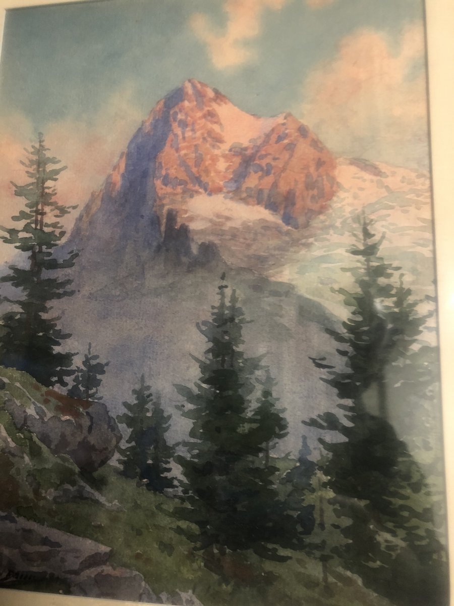 Edouard Brun 1860-1935 Glacier Eiger Swiss Alps  Watercolor Massive Mountain-photo-2