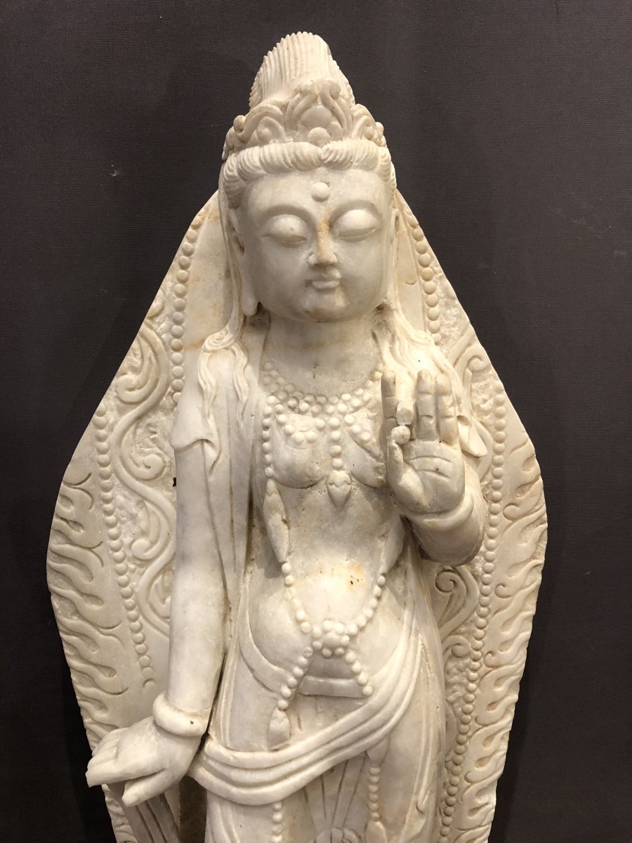 Very Important China Sculpture 91.5 Cm Guanyin In White Marble Ming Style Guan Yin Lotus-photo-3