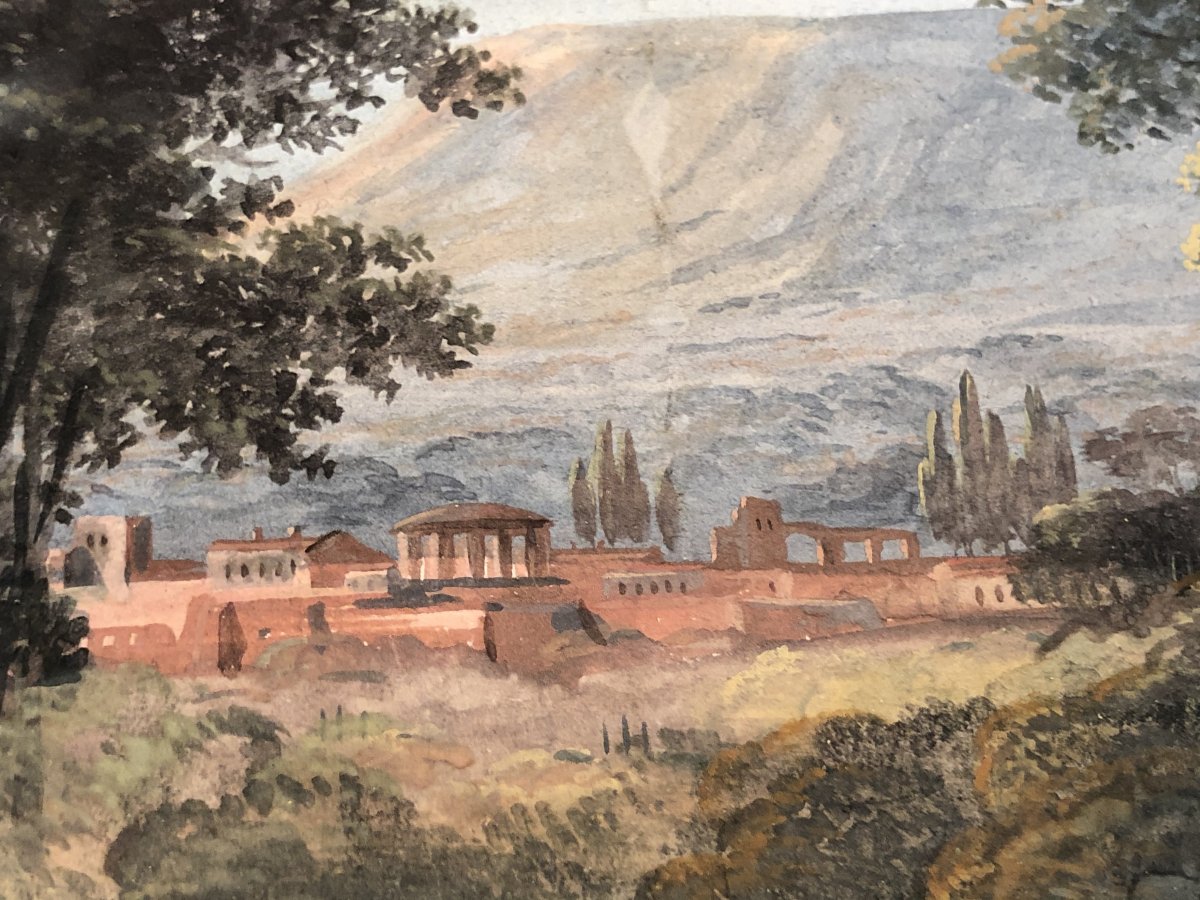 Large Watercolor XIXth Couple In A Park Roman Ruins In The Background-photo-3