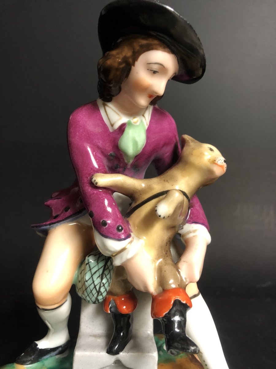 RARE encrier XIXe Le chat botté en porcelaine polychrome Paris-photo-2