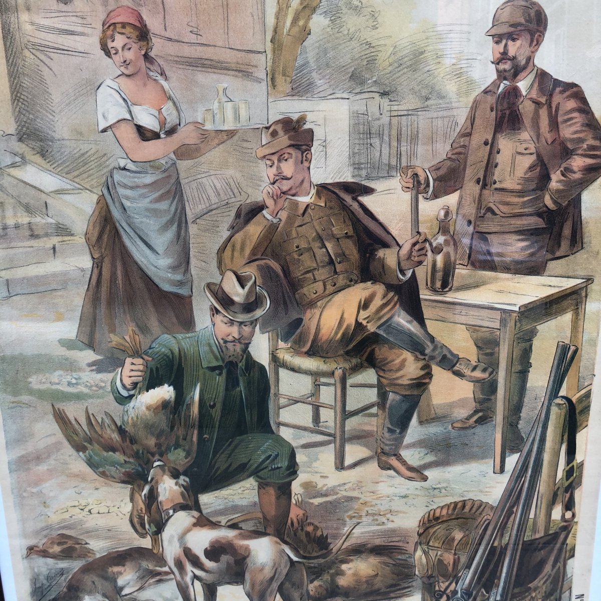 GRANDE affiche lithographique XIXe RETOUR DE CHASSE signée LENFER et CAMIS Imprimeur chasseur-photo-2