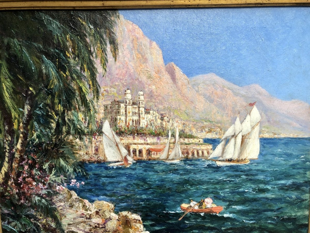Charles Cousin 1904-1972 Large Oil Regattas In Monte-carlo Monaco Riviera Exhibition Medalist-photo-3